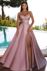 BMbridal Sweetheart Dusty Pink Prom Dresses Long With Slit Lace Appliques